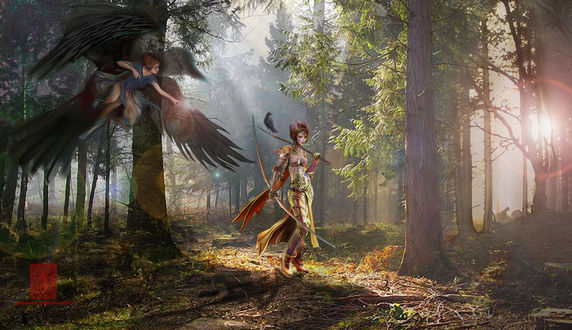 Обои на рабочий стол Девушка-лучник стоит в Вороньем Лесу / Crow Forest, by Bram Leegwater