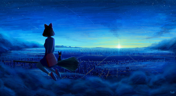 Обои на рабочий стол Kiki / Кики и Jiji / Джиджи из аниме Kikis Delivery Service / Служба доставки Кики / Ведьмина служба доставки, by RicoDZ