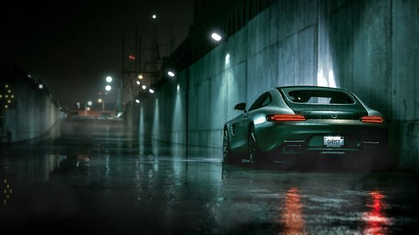 Обои на рабочий стол Серый Mercedes-Benz AMG стоит под дождем на дороге ночью, из игры Need For Speed, by Trent Nelson