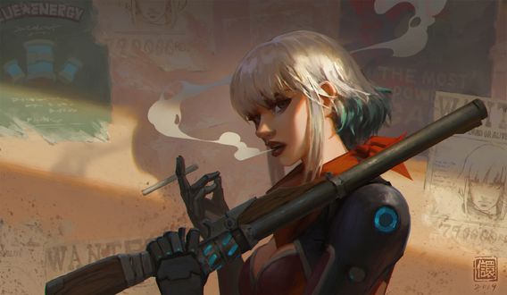 Обои на рабочий стол Dangerous Girl / Опасная Девушка с ружьем и сигаретой, by Kan Liu