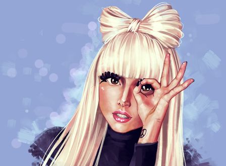 Обои на рабочий стол Белокурая девушка держит руку у глаза, by monika2001