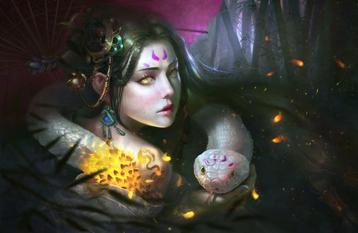 Обои на рабочий стол Богиня змей на фоне темного леса, by David Kuo