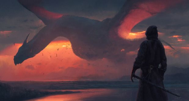 Обои на рабочий стол Воин смотрит на летящего в закатном небе дракона, by Swang