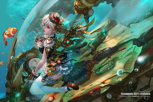 Обои на рабочий стол Steampunk Girl / Стимпанк-Девушка среди рыб в подводном аппарате, by Antilous chao