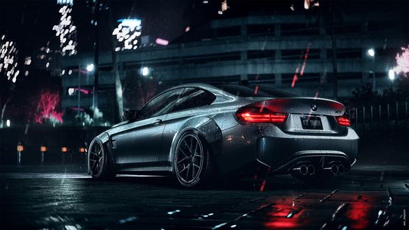 Обои на рабочий стол BMW M3 стоит под дождем в ночном городе, из игры Need For Speed, by Mikhail Sharov