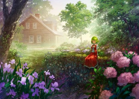 Обои на рабочий стол Kazami Yuuka / Юука Казами сидит в цветущем саду возле деревянного дома из игры Touhou Project / Проект Восток, by Miso-pan