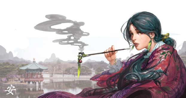 Обои на рабочий стол Девушка с трубкой в руке, by Kyung Hoon Ahn