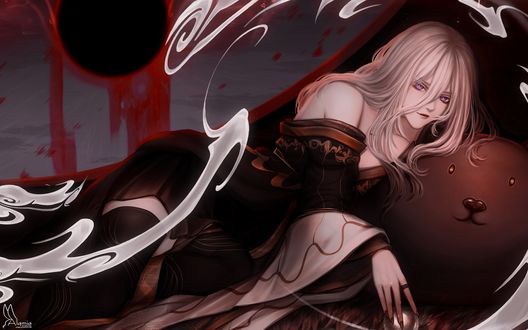 Обои на рабочий стол Белокурая девушка лежит с чудиком на постели, by Alqmia