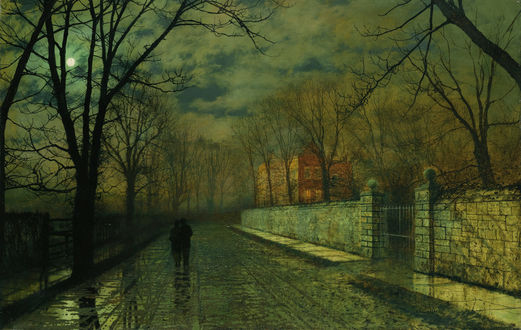 Обои на рабочий стол Figures in a Moonlit Lane after Rain / Фигуры в залитом лунным светом переулке после дождя, художник Джон Эткинсон Гримшоу / John Atkinson Grimshaw