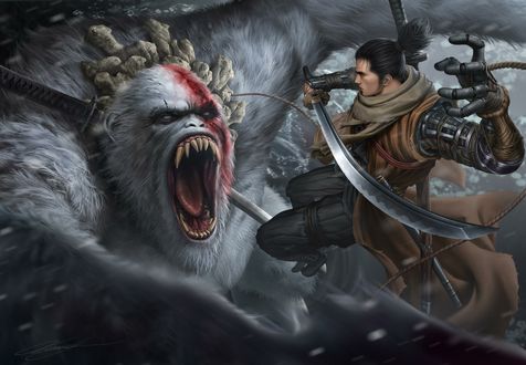 Обои на рабочий стол Воин Sekiro / Секиро / Волк в бою с монстром, арт к игре Sekiro: Shadows Die Twice, by Cloud _D