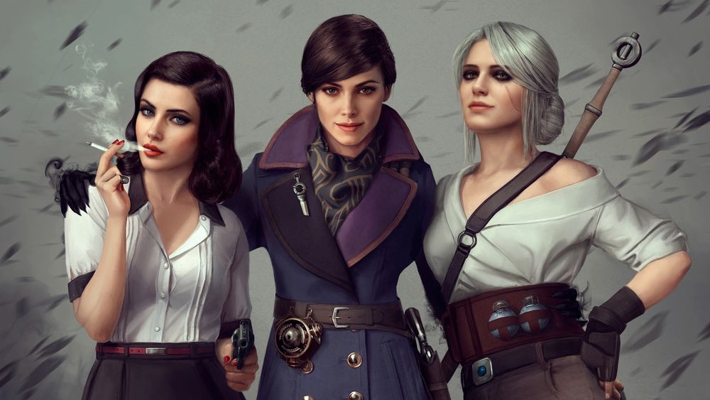 Обои для рабочего стола Три главные героини Elizabeth Comstock / Элизабет Комсток из игры BioShock Infinite, Emily Drexel Lela Kaldwin / Эмили Дрексел Лела Колдуин из игры Dishonored 2 и Cirilla Fiona Elen Riannon / Цирилла Фиона Элен Рианнон из игры The Witcher 3: Wild Hunt / Ведьмак 3: Дикая Охота, art by Astor Alexander