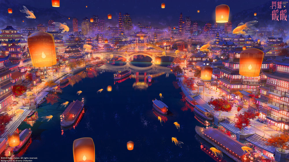 Обои для рабочего стола Романтический город с рекой и рыбками, парящими в воздухе горящими фонарями, by Arseniy Chebynkin
