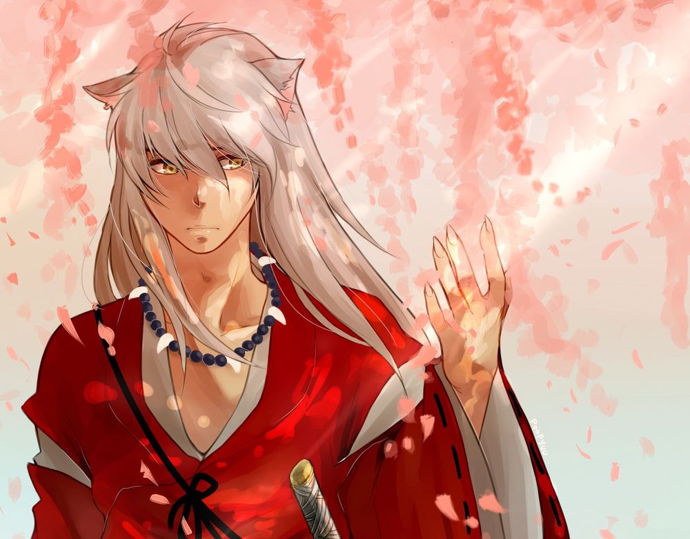 Обои для рабочего стола Полудемон Inuyasha стоит под цветущей глицинией из аниме Инуяша / InuYasha, by Rumiko Takahashi