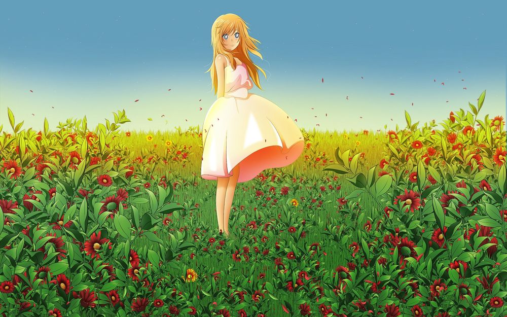 Обои для рабочего стола Kaori Miyazono стоит посреди цветочного луга из аниме Shigatsu wa Kimi no Uso / Твоя апрельская ложь