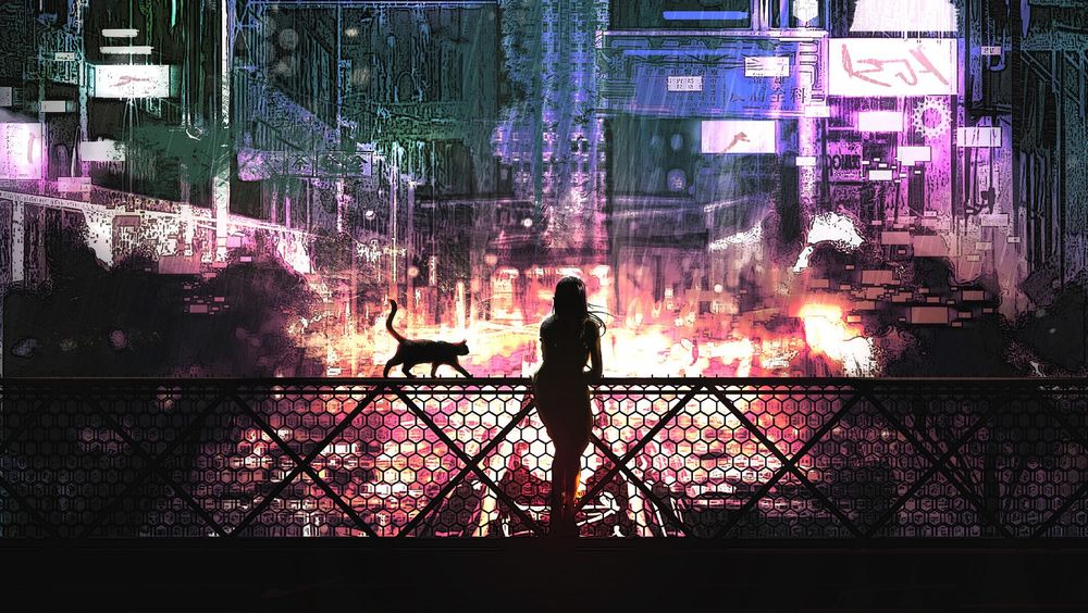 Обои для рабочего стола Девушка и кошка, стоящая на ограждении моста, на фоне ночного города, by Rashedjrs