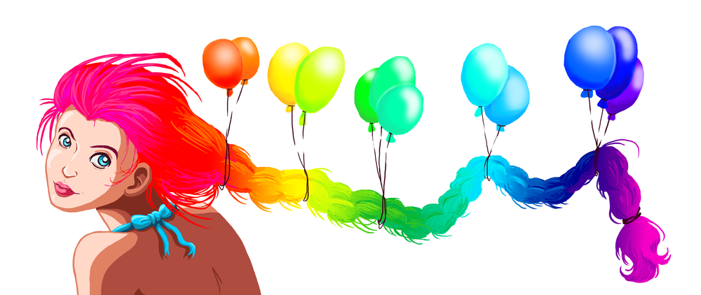 Обои для рабочего стола Девушка с цветной косой, которую держат воздушные шары, by Knyaga