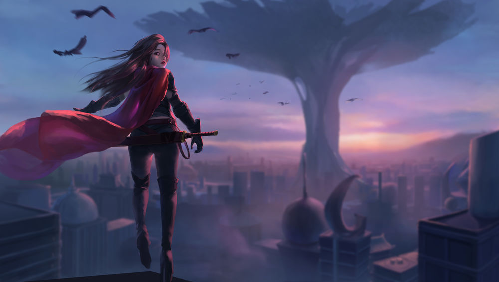 Обои для рабочего стола Девушка с мечом на крыше здания в фантастическом городе на рассвете, by Allen Hsieh