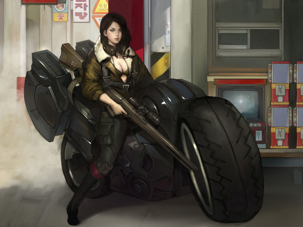 Обои для рабочего стола Девушка-солдат с винтовкой сидит на футуристическом мотоцикле, by NAMGWON LEE