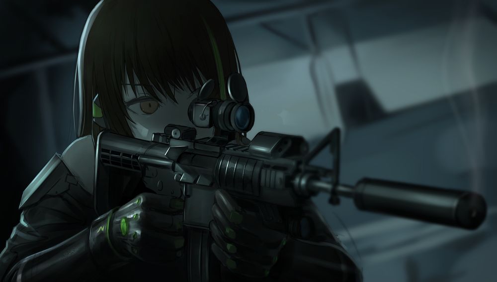 Обои для рабочего стола M4A1 прицелилась из снайперской винтовки, персонаж из мобильной стратегической игры Girls Frontline, art by Tararelux