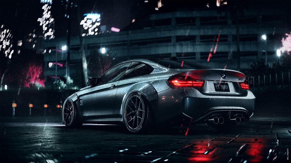 Обои для рабочего стола BMW M3 стоит под дождем в ночном городе, из игры Need For Speed, by Mikhail Sharov