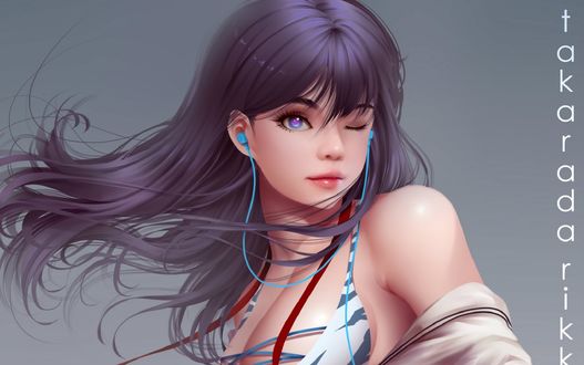 Обои на рабочий стол Rikka Takarada / Рикка Такарада из аниме SSSS. Gridman / Гридмен с длинными волосами в наушниках, by bear-witch