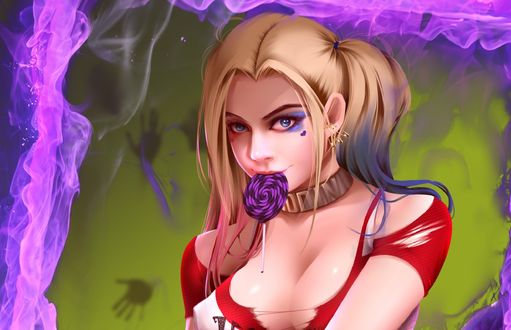 Обои на рабочий стол Harley Quinn / Харли Квинн с цветком во рту, by bear witch