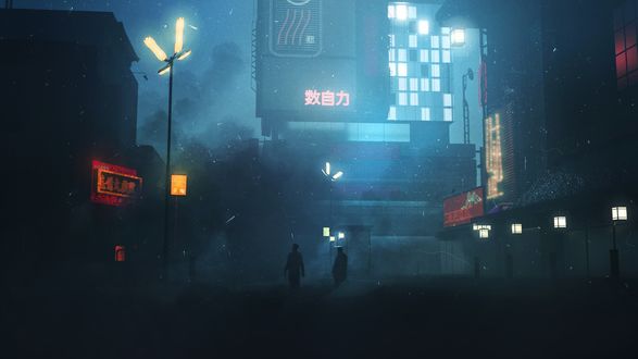 Обои на рабочий стол Силуэты мужчин на ночной улице города, by Asim Salman