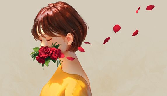 Обои на рабочий стол Девушка с бордовыми розами во рту, by Karmen Loh