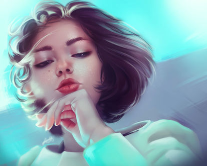 Обои на рабочий стол Девушка с рукой у подбородка, by okiochan