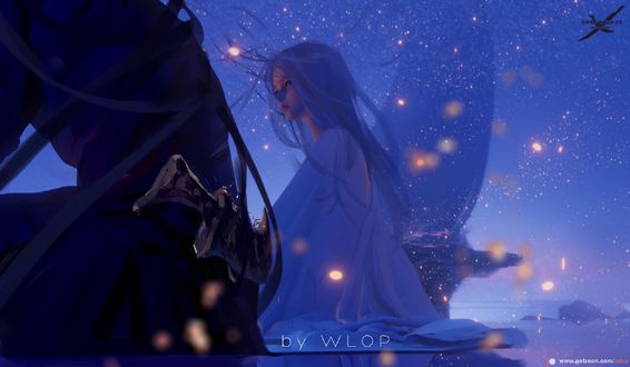 Обои на рабочий стол Девушка с голубыми волосами в белом из комикса Wang Ling GhostBlade / Призрачный Клинок, by Wlop