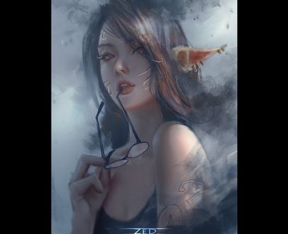 Обои на рабочий стол Девушка - эльфийка с очками в руке, by Trung Bui