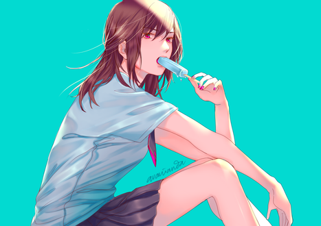 Обои на рабочий стол Рыжеволосая девушка с фруктовым льдом на голубом фоне, by avanianda