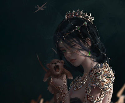 Обои на рабочий стол Принцесса Aeolian держит львенка на руках, арт к комиксу Wang Ling GhostBlade / Призрачный Клинок, by Wlop