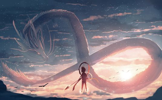 Обои на рабочий стол Мальчик с копьем и белый дракон, by JW