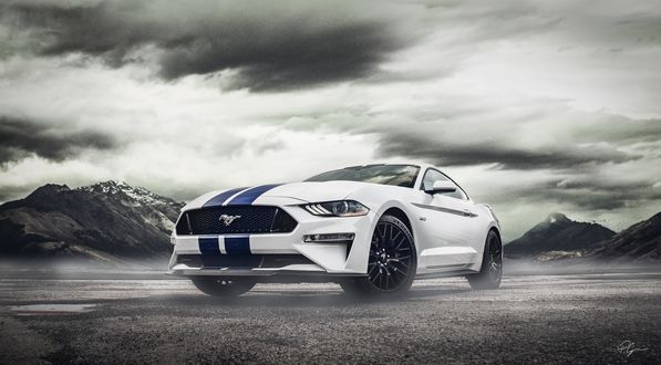 Обои на рабочий стол Белый с синими полосами Ford Mustang GT Zenith Edition стоит на фоне гор