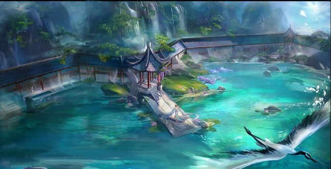 Обои на рабочий стол Девушка с поднятыми руками к небу, в белом платье стоит на каменной плите у беседки и прохода под крышей вокруг водоема, by Rongrong Wang