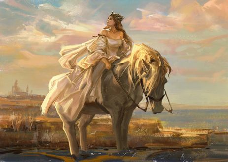 Обои на рабочий стол Королева в белом платье сидит на лошади, by Rongrong Wang