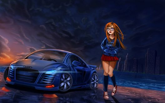 Обои на рабочий стол Девушка в короткой юбке у автомобиля ауди