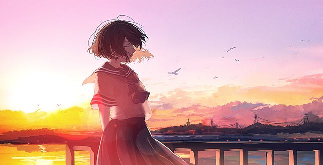 Обои на рабочий стол Девушка в школьной форме стоит у воды, by mifuru