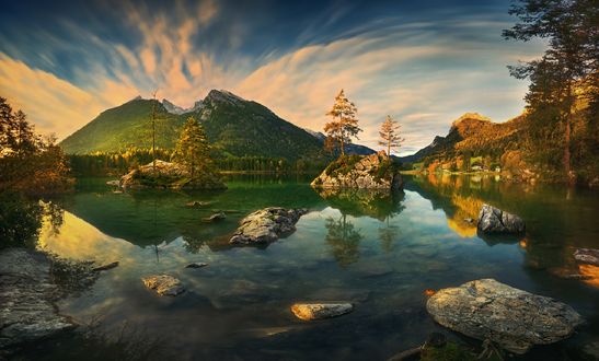 Обои на рабочий стол Панорамный вид на озеро Hintersee. Germany / Хинтер, Германия, фотограф Krzysztof Browko