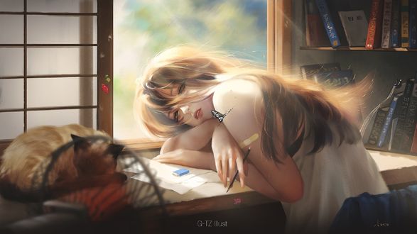 Обои на рабочий стол Девушка прилегла на стол рядом с кошкой, by g-tz