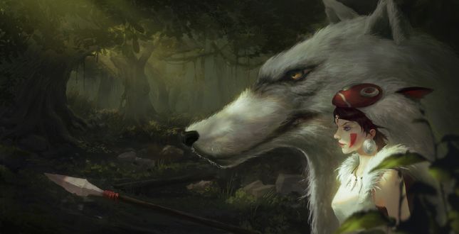 Обои на рабочий стол Принцесса Мононокэ / Princess Mononoke и богиня-волчица Моро / Moro из аниме Princess Mononoke / Принцесса Мононоке / Mononoke Hime, by Leo