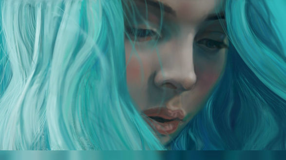 Обои на рабочий стол Девушка с голубыми волосами, by Sea Green