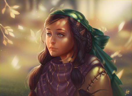 Обои на рабочий стол Эльфийка в зеленом платке, by JuneJenssen