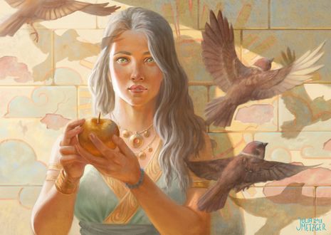 Обои на рабочий стол Девушка с яблоком в руках и птицами рядос с ней, by Valyavande