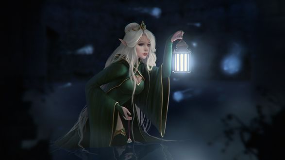Обои на рабочий стол Эльфийка с фонарем стоит ночью в воде, by Sonya Kayuda