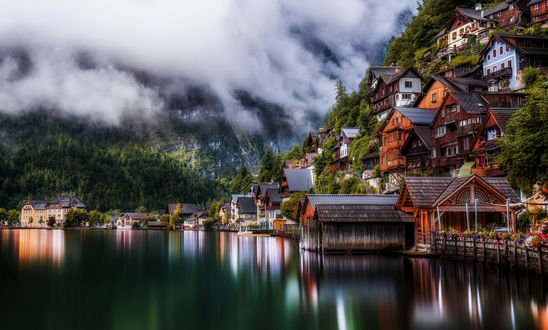 Обои на рабочий стол Поселок Гальштат / Халльштатт / Hallstatt на западном берегу одноименного озера в Австрии / Austria, by Richard Beresford Harris
