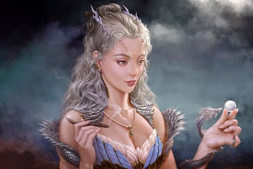 Обои на рабочий стол Повелительница драконов с жемчужной в руке, by Chalky Nan