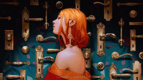 Обои на рабочий стол Девушка в профиль с серьгой в виде ключа, by Valentina Remenar