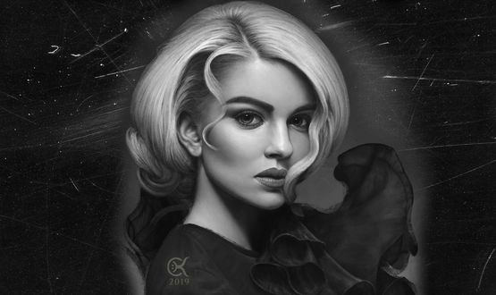 Обои на рабочий стол Девушка-блондинка на черном фоне, by Chalky Nan